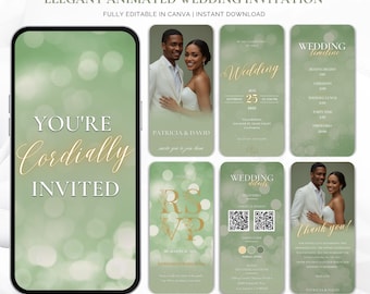 Animierte Hochzeitseinladung in Salbei Grün, bearbeitbare Canva Video-Einladung, digitale Hochzeits-Timeline, moderne Ecard, Sofort-Download