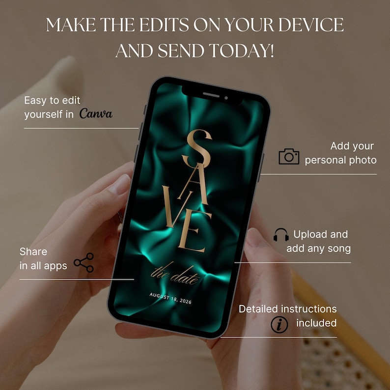 Peut inclure: Un smartphone affiche un design "Save the Date" vert &eacute;meraude et dor&eacute;. L'&eacute;cran du t&eacute;l&eacute;phone pr&eacute;sente le texte "SAVE THE DATE" et "18 ao&ucirc;t 2026". Le texte suppl&eacute;mentaire comprend "Facile &agrave; modifier vous-m&ecirc;me dans Canva", "Ajoutez votre photo personnelle".