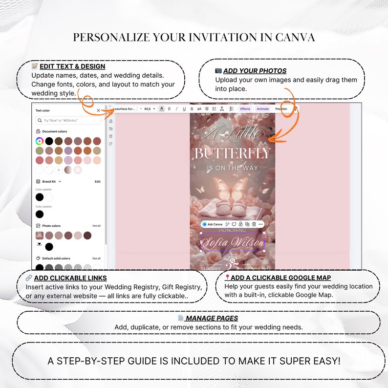 May include: A digital invitation design interface with the text "A Little Butterfly Is On The Way." The interface includes options to edit text, add photos, and insert clickable links. The design features a soft pink color scheme and floral elements.