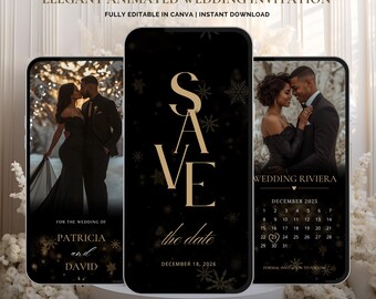 May include: Elegant animated wedding invitation design on a smartphone screen. The design features a black background with gold accents, including snowflakes and the words "Save the Date." The invitation includes the wedding date and names.