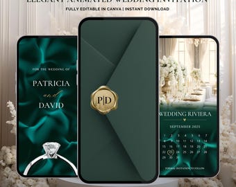 May include: Elegant animated wedding invitation design. The design features three smartphone screens displaying the invitation details. The text includes "ELEGANT ANIMATED WEDDING INVITATION" and "FOR THE WEDDING OF PATRICIA and DAVID". The invitation includes a calendar for September 2025.