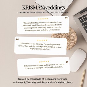 May include: Image featuring the text "KRISMAXweddings" and customer testimonials. The testimonials highlight ease of use, quality, and customer service. A laptop, mouse, pen, and woven basket are also visible.