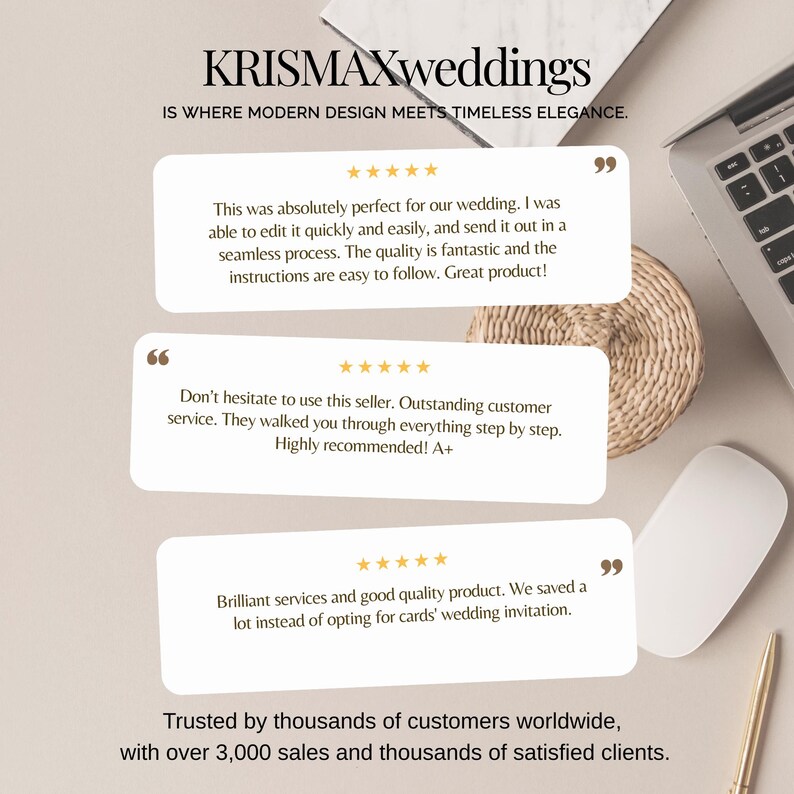 May include: Image featuring the text "KRISMAXweddings" and customer testimonials. The testimonials highlight ease of use, quality, and customer service. A laptop, mouse, pen, and woven basket are also visible.