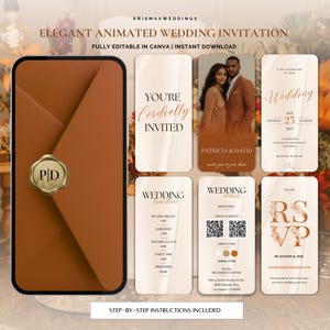 Könnte beinhalten: Elegante animierte Hochzeitseinladungssuite in Braun- und Cremetönen. Das Design umfasst eine telefonförmige Einladung mit Wachssiegel sowie Karten mit Hochzeitsdetails, RSVP-Informationen und einem Foto des Paares. Der Text enthält "Sie sind herzlich eingeladen."