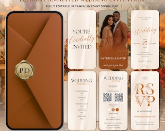 Fall Wedding Invitation Template Animated Canva Design | Terracotta Boho Digital Invite Suite, Timeline Details Editable Download