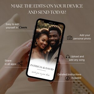 May include: A mobile phone screen displaying a wedding invitation template with a photo of a couple, the text "PATRICIA & DAVID invite you to join them", and instructions for editing the template. The phone is being held by a person's hands.