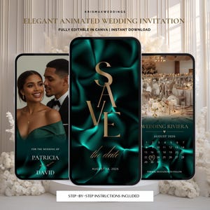 Peut inclure: Une invitation de mariage anim&eacute;e &eacute;l&eacute;gante affich&eacute;e sur trois smartphones. Le t&eacute;l&eacute;phone central pr&eacute;sente le texte dor&eacute; "SAVE the date" sur un fond turquoise. Les autres t&eacute;l&eacute;phones montrent un couple et une r&eacute;ception de mariage. Le texte inclut "18 ao&ucirc;t 2026".