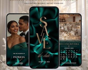 Emerald Green Animated Wedding Save the Date, Luxury Silk Wedding Video Invite, Editable Canva Digital Invitation