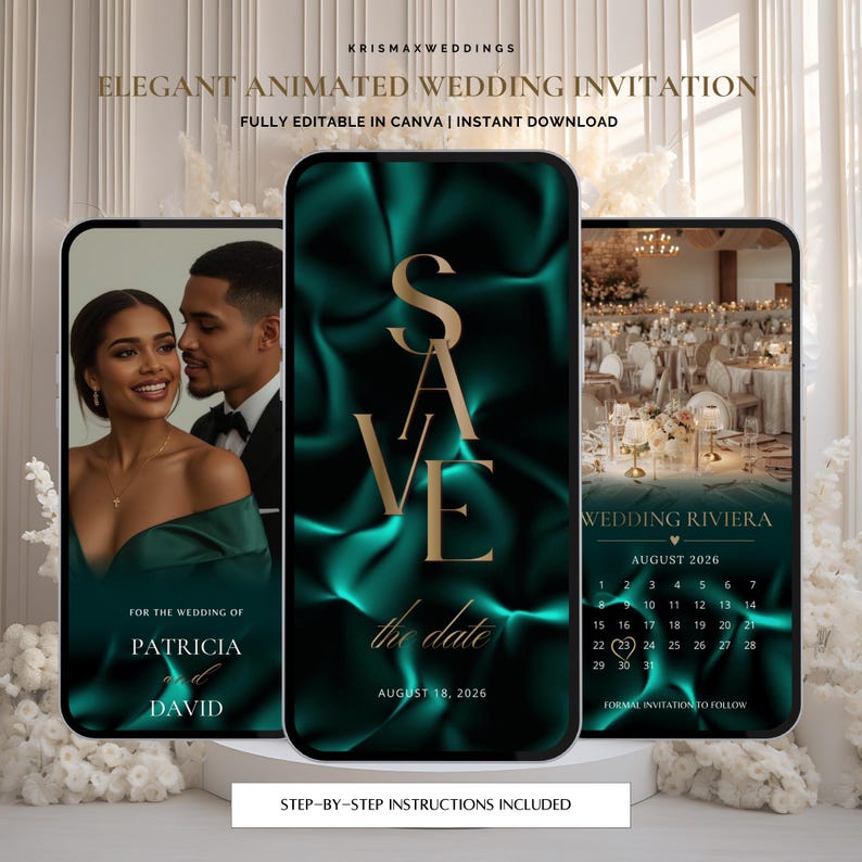 Peut inclure: Une invitation de mariage anim&eacute;e &eacute;l&eacute;gante affich&eacute;e sur trois smartphones. Le t&eacute;l&eacute;phone central pr&eacute;sente le texte dor&eacute; "SAVE the date" sur un fond turquoise. Les autres t&eacute;l&eacute;phones montrent un couple et une r&eacute;ception de mariage. Le texte inclut "18 ao&ucirc;t 2026".