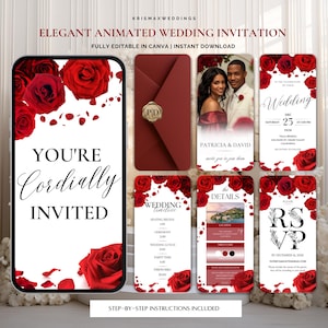 Könnte beinhalten: Elegantes digitales Hochzeitskarten-Set in Burgunderrot mit roten Rosen. Das Design umfasst eine Einladung, eine RSVP-Karte und Detailkarten. Der Text "You're Cordially Invited" ist prominent dargestellt.