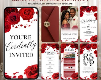 Red Rose Wedding Invitation Template | Elegant Canva Design | Romantic Digital Wedding Suite | Modern Paperless Wedding Invite