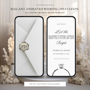 Op de afbeelding: Twee smartphone-mockups tonen een ontwerp voor een huwelijksuitnodiging. Eén toont een witte envelop met een zegel, de andere een save-the-date kaart met de tekst: "Let the Happily Ever After Begin". De uitnodiging bevat de namen Patricia & David en de datum 25 september 2026.