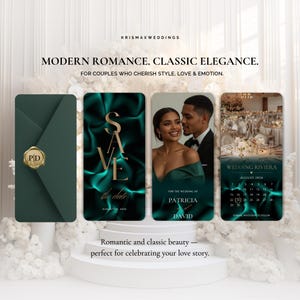 Peut inclure: Ensemble de faire-part de mariage &eacute;l&eacute;gants en vert &eacute;meraude et or. Comprend une enveloppe avec un sceau dor&eacute;, une carte "Save the Date", une carte photo du couple et une carte calendrier. Texte : "Romance moderne. &Eacute;l&eacute;gance classique."