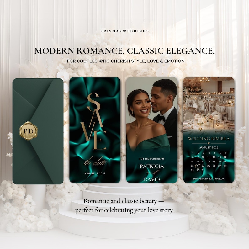 Peut inclure: Ensemble de faire-part de mariage &eacute;l&eacute;gants en vert &eacute;meraude et or. Comprend une enveloppe avec un sceau dor&eacute;, une carte "Save the Date", une carte photo du couple et une carte calendrier. Texte : "Romance moderne. &Eacute;l&eacute;gance classique."