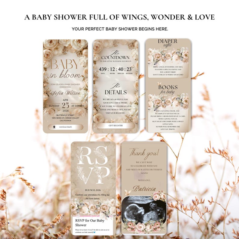 May include: Baby shower invitation suite with floral accents. Includes invitations, RSVP cards, and thank you cards. The suite features the text "Baby in Bloom", "The Countdown", and "Thank You!" with a sonogram image.