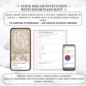 May include: An image showcasing a baby shower RSVP system. The image includes a smartphone displaying an RSVP form, a computer screen with a Google form, and a pie chart. Text includes "RSVP for Our Baby Shower" and "Confirm your attendance".