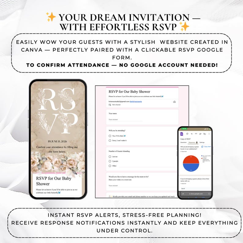 May include: An image showcasing a baby shower RSVP system. The image includes a smartphone displaying an RSVP form, a computer screen with a Google form, and a pie chart. Text includes "RSVP for Our Baby Shower" and "Confirm your attendance".