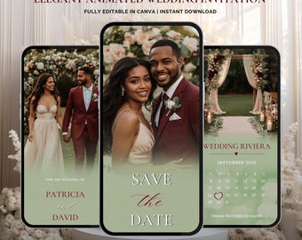 May include: Elegant animated wedding invitation design. The design features three smartphone screens displaying wedding photos and details. The text includes "Save the Date," "Wedding Riviera," and "September 2025." The invitation is fully editable in Canva.