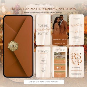 Peut inclure: Une invitation de mariage animée élégante avec un design d'enveloppe marron et un sceau doré. L'invitation comprend des détails tels que la date, l'heure et les informations RSVP. Le texte dit "Vous êtes cordialement invité" et "Invitation de mariage animée élégante".
