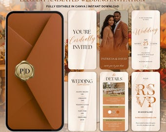 Plantilla de invitación de boda bohemia de otoño con diseño animado de Canva / Tarjeta digital de detalles de línea de tiempo de RSVP en terracota / Plantilla de invitación de boda neutral editable