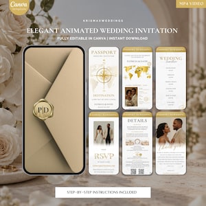 May include: A digital wedding invitation template set featuring a passport theme with gold accents. The design includes a smartphone displaying a tan envelope with a gold wax seal, alongside five vertical cards showing event details, a world map, a wedding timeline, RSVP information, and a thank you note with photos of a couple.