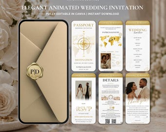 Elegant Passport Wedding Invitation Template, Animated Destination Wedding Video Invite, Digital Canva Travel Theme Wedding Evite