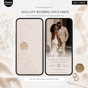 May include: A digital wedding invitation template displayed on two smartphones. One screen shows a cream-colored envelope with embossed roses and a wax seal with the initials PD. The other screen shows a couple, the text SAVE THE DATE, PATRICIA & DAVID, ARE GETTING MARRIED, SUNDAY 21 AUGUST, and VILLA BENEZIA, CA.