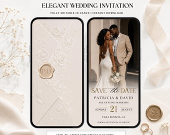 May include: A digital wedding invitation template displayed on two smartphones. One screen shows a cream-coloured envelope with embossed roses and a wax seal with the initials PD. The other screen shows a couple, the text SAVE THE DATE, PATRICIA & DAVID, ARE GETTING MARRIED, SUNDAY 21 AUGUST, and VILLA BENEZIA, CA.