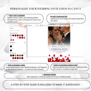 May include: A digital interface for editing a wedding invitation in Canva, featuring a photo of a couple, text fields for names like Patricia and Adam, and red rose petals. The layout includes toolbars for text, photos, links, and map integration.