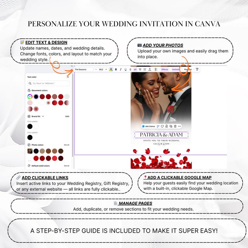 May include: A digital interface for editing a wedding invitation in Canva, featuring a photo of a couple, text fields for names like Patricia and Adam, and red rose petals. The layout includes toolbars for text, photos, links, and map integration.