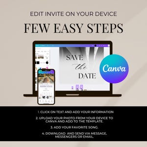 May include: A laptop and a smartphone screen showing a wedding invitation template on Canva. The template has a black and white photo of a couple with the text "Save the Date" in a cursive font. The text "Canva" is in a blue and purple gradient. The instructions for editing the template are listed below the image.