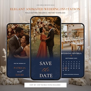 May include: Elegant animated wedding invitation design. The design features three smartphone screens displaying wedding photos and details. The text includes "ELEGANT ANIMATED WEDDING INVITATION" and "SAVE THE DATE". The invitation is fully editable in Canva.
