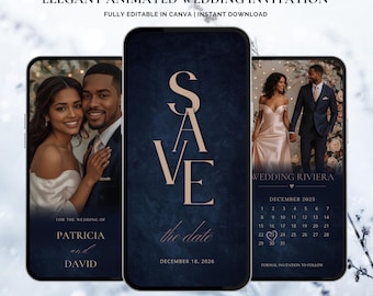 May include: Elegant animated wedding invitation displayed on three smartphones. The design features a navy blue background with gold text that reads "SAVE the date" and the wedding date. The invitation includes photos of the couple and wedding details. Text at the top reads "KRISMAXWEDDINGS".