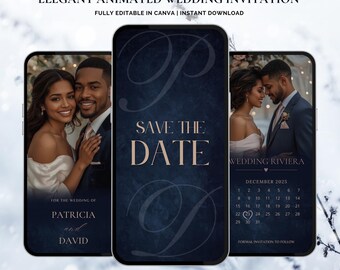 May include: Elegant animated wedding invitation design. The design features three smartphone screens. The screens display a couple, the words "Save the Date", and a calendar for December 2025. The invitation is fully editable in Canva.