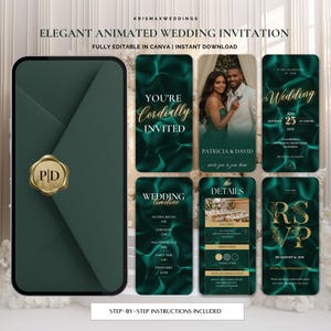 May include: An elegant animated wedding invitation design in shades of emerald green and gold. The design includes a phone-shaped display with a wax seal, and several cards with wedding details, including the names Patricia & David, and RSVP information.