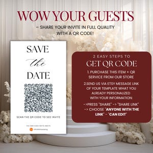 May include: A white invitation card with the text "SAVE The DATE" and a QR code. The card is displayed on a white pedestal with a burgundy-colored information box that reads "GET QR CODE". The image promotes digital invitations.