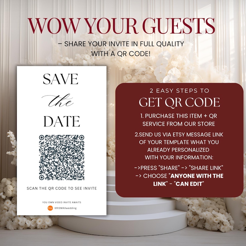 May include: A white invitation card with the text "SAVE The DATE" and a QR code. The card is displayed on a white pedestal with a burgundy-colored information box that reads "GET QR CODE". The image promotes digital invitations.