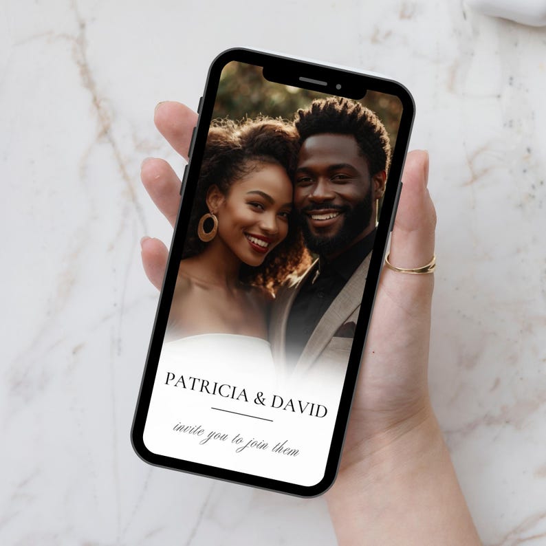 May include: A smartphone screen displaying a wedding invitation with a photo of a couple. The text reads "Patricia & David invite you to join them".