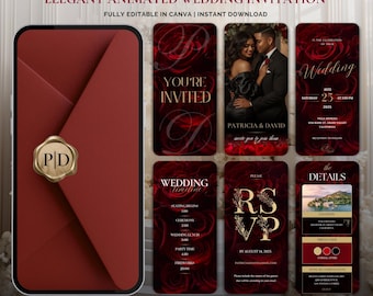 Conjunto de invitaciones de boda rojas, invitación de boda digital romántica, plantilla elegante y animada de Canva, tarjeta de boda de lujo para destinos exóticos.