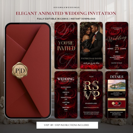 Red Wedding Invitation Set, Romantic Digital Wedding Invite, Elegant Animated Canva Template, Luxury Destination Wedding Card
