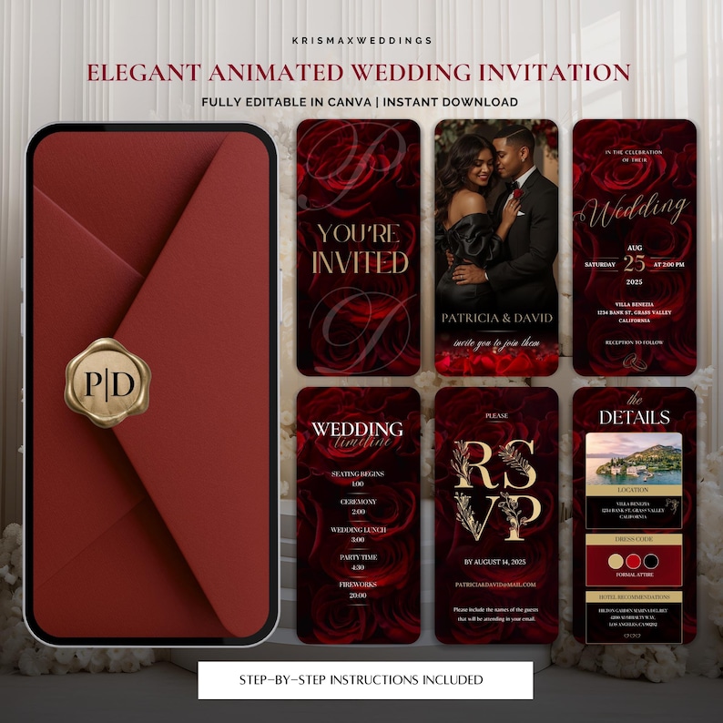 May include: Elegant animated wedding invitation with a burgundy and gold color scheme. The design includes a red envelope with a gold seal, and several digital cards with event details, including the names of the couple, date, and RSVP information.