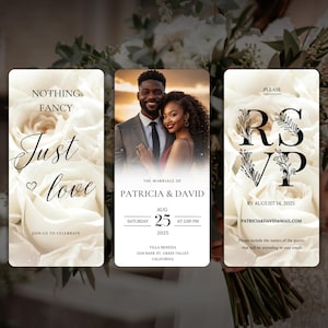 May include: Wedding invitation with a floral design and the text "Nothing Fancy Just Love" on the left, a photo of a couple on the middle, and the text "RSVP by August 14, 2025" on the right.