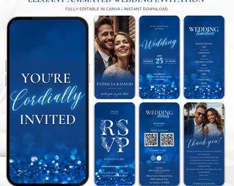 Animated Wedding Invitation, Navy Blue Elegant Video Card, DIY Canva Template with Timeline & RSVP, Luxury Digital Wedding Einvite