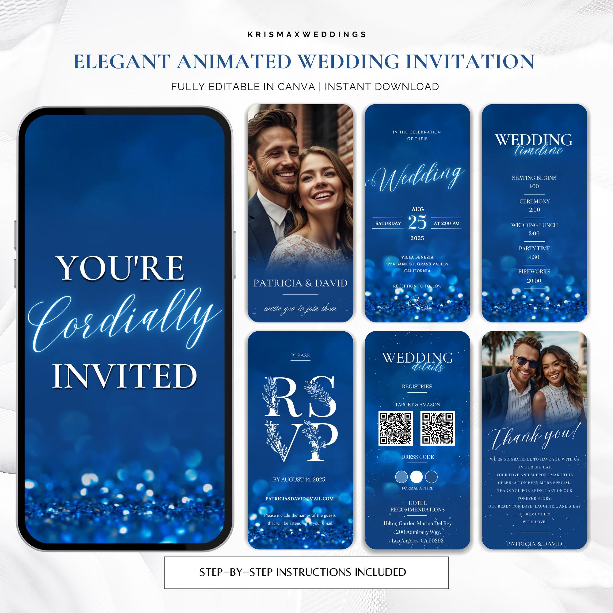 Animated Einvite Animated Wedding Invitation, Navy Blue Elegant Video Card, DIY Canva ...
