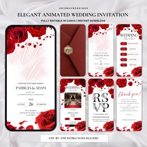 Puede incluir: Elegante plantilla de invitación de boda animada con rosas rojas y el texto "We do". Incluye un sobre burdeos con un sello dorado y maquetas de pantalla de teléfono con detalles de la boda. Totalmente editable en Canva.