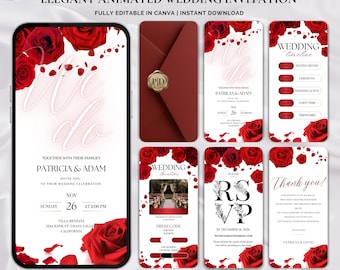 Puede incluir: Elegante plantilla de invitación de boda animada con rosas rojas y el texto "We do". Incluye un sobre burdeos con un sello dorado y maquetas de pantalla de teléfono con detalles de la boda. Totalmente editable en Canva.