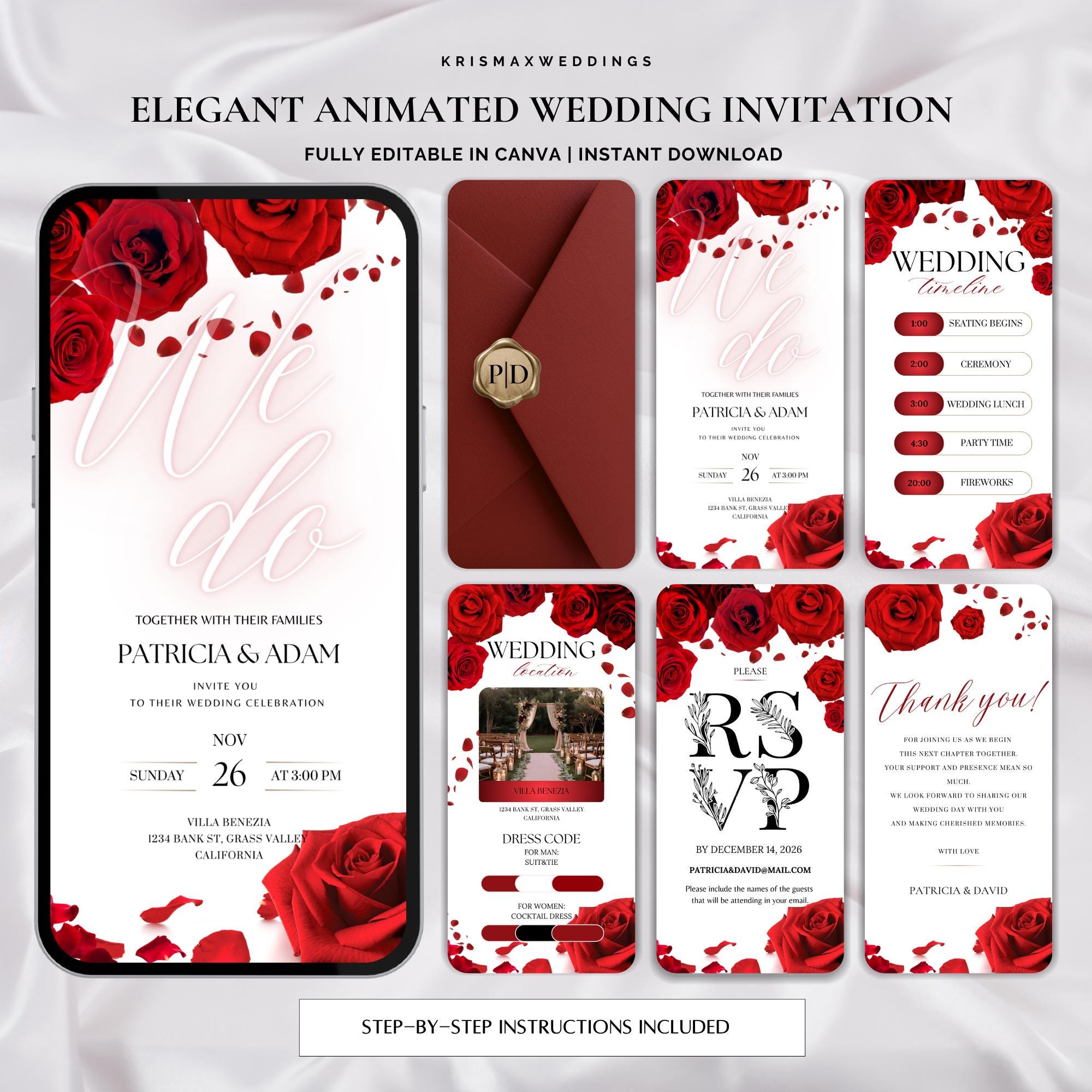 Animated Red Rose Wedding Invitation Elegant Floral