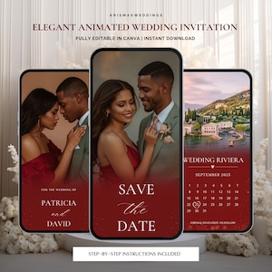 May include: Elegant animated wedding invitation design. The design features three smartphone screens with images of a couple, the words "Save the Date", and a calendar. The text includes "Wedding Riviera" and "September 2025".