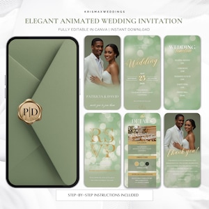 Sage Green Animated Wedding Invitation, Elegant Canva Template, Digital RSVP Video Invite,Modern Wedding Timeline,Editable Instant Download