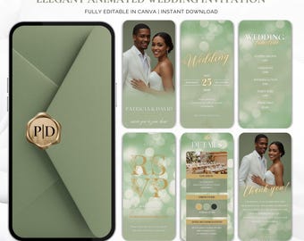 Sage Grün animierte Hochzeitseinladung, elegante Canva Vorlage, digitales Video einladen, moderne Hochzeitszeitleiste, bearbeitbarer Sofort-Download